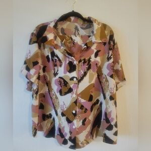 Abstract Print Short Sleeve Button-Up Blouse & Shorts Pink, Black, White Casual